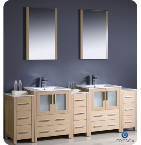 Fresca FVN62-72LO-UNS Torino 84" Double Sink Modern Bathroom Vanity with 3 Side Cabinets and Integrated Sinks in Light Oak