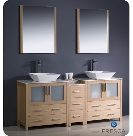Fresca FVN62-301230LO-VSL Torino 72" Double Sink Modern Bathroom Vanity with Side Cabinet and Vessel Sinks in Light Oak
