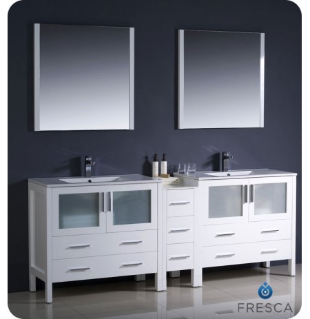 Fresca FVN62-361236WH-UNS Torino 84" Double Sink Modern Bathroom Vanity with Side Cabinet and Integrated Sinks in White