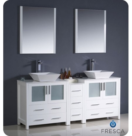 Fresca FVN62-301230WH-VSL Torino 72" Double Sink Modern Bathroom Vanity with Side Cabinet and Vessel Sinks in White