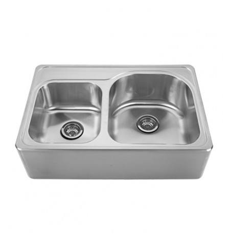 Whitehaus WHNAPD3322 Noah's Collection Brushed Stainless Steel Double Bowl Drop-in Sink with a Seamless Customized Front Apron