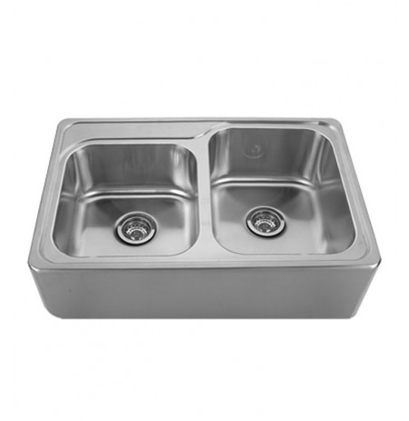 Whitehaus WHNAP3322 Noah's Collection Brushed Stainless Steel Double Bowl Drop-in Sink with a Seamless Customized Front Apron