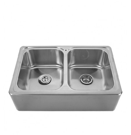 Whitehaus WHNAPEQ3322 Noah's Collection Brushed Stainless Steel Double Bowl Drop-in Sink with a Seamless Customized Front Apron