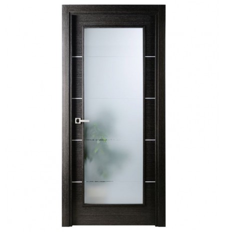 Arazzinni AV-BA Avanti Vetro Interior Door in a Black Apricot Finish with Silver Strips and Frosted Glass