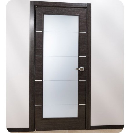 Arazzinni AV-BA Avanti Vetro Interior Door in a Black Apricot Finish with Silver Strips and Frosted Glass