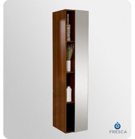 Fresca FST8070TK Teak Bathroom Linen Side Cabinet with 4 Cubby Holes and Mirror