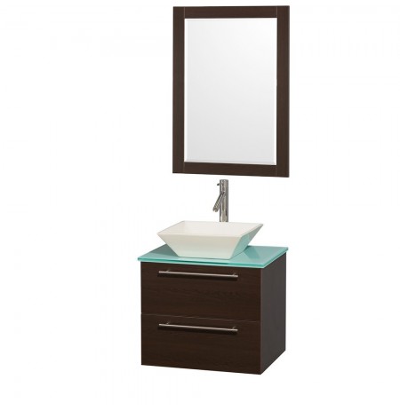 24 inch Single Bathroom Vanity in Espresso with Green Glass Top with Bone Porcelain Sink, and 24 inch Mirror