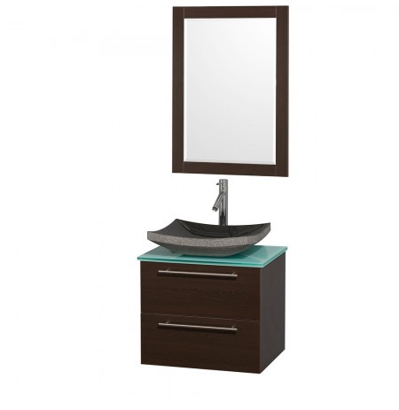24 inch Single Bathroom Vanity in Espresso with Green Glass Top with Black Granite Sink, and 24 inch Mirror
