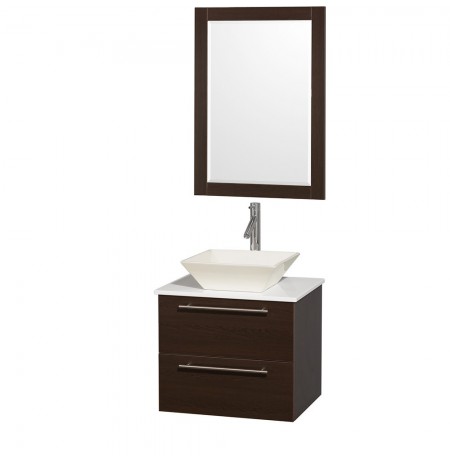 24 inch Single Bathroom Vanity in Espresso with White Man-Made Stone Top with Bone Porcelain Sink, and 24 inch Mirror