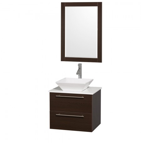 24 inch Single Bathroom Vanity in Espresso with White Man-Made Stone Top with White Porcelain Sink, and 24 inch Mirror