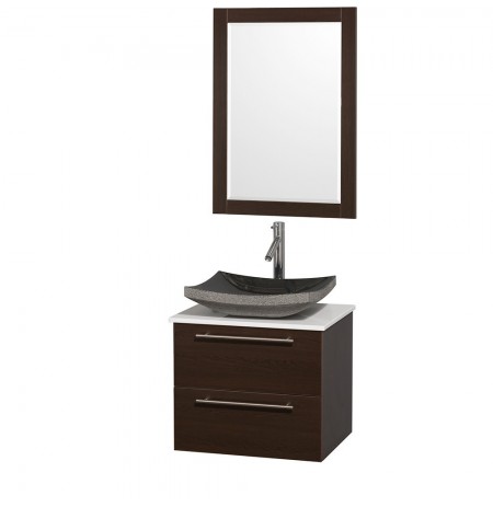 24 inch Single Bathroom Vanity in Espresso with White Man-Made Stone Top with Black Granite Sink, and 24 inch Mirror