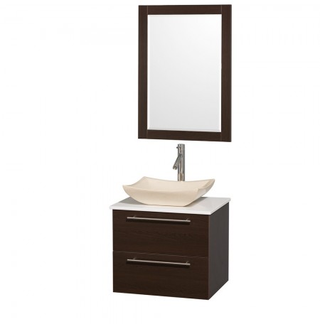24 inch Single Bathroom Vanity in Espresso with White Man-Made Stone Top with Ivory Marble Sink, and 24 inch Mirror