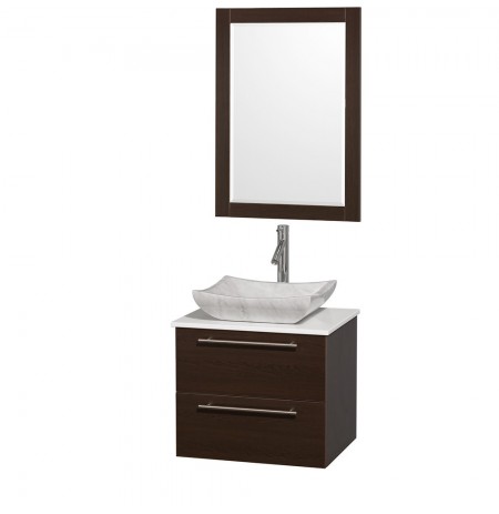 24 inch Single Bathroom Vanity in Espresso with White Man-Made Stone Top with Carrera Marble Sink, and 24 inch Mirror