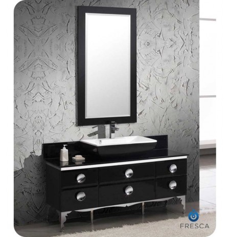 Fresca FVN7716BL Moselle 59" Modern Bathroom Vanity in Black with Glass Countertop and Mirror