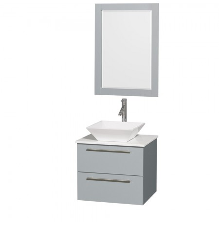 24 inch Single Bathroom Vanity in Dove Gray, White Man-Made Stone Countertop, Pyra White Porcelain Sink, and 24 inch Mirror