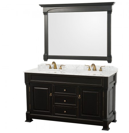 60 inch Double Bathroom Vanity in Black, White Carrera Marble Countertop, Undermount Oval Sinks, and 56 inch Mirror