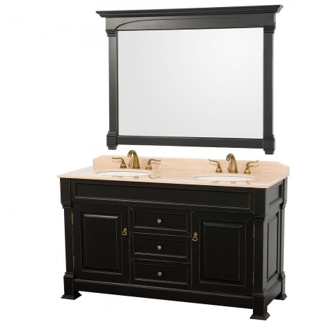 60 inch Double Bathroom Vanity in Black, Ivory Marble Countertop, Undermount Oval Sinks, and 56 inch Mirror