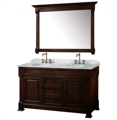 60 inch Double Bathroom Vanity in Dark Cherry, White Carrera Marble Countertop, Undermount Oval Sinks, and 56 inch Mirror