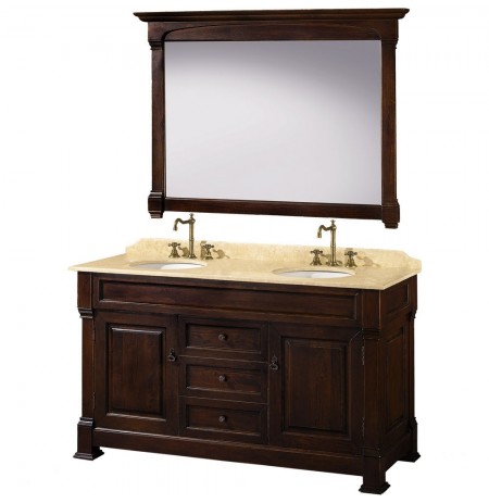 60 inch Double Bathroom Vanity in Dark Cherry, Ivory Marble Countertop, Undermount Oval Sinks, and 56 inch Mirror