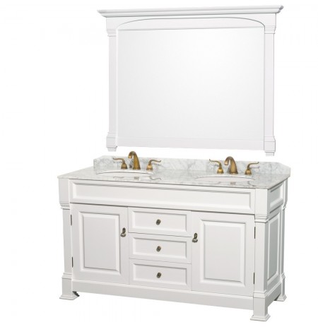 60 inch Double Bathroom Vanity in White, White Carrera Marble Countertop, Undermount Oval Sinks, and 56 inch Mirror
