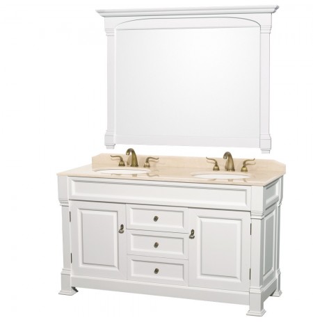 60 inch Double Bathroom Vanity in White, Ivory Marble Countertop, Undermount Oval Sinks, and 56 inch Mirror