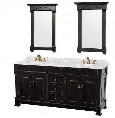 72 inch Double Bathroom Vanity in Black, White Carrera Marble Countertop, Undermount Oval Sinks, and 28 inch Mirrors