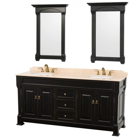72 inch Double Bathroom Vanity in Black, Ivory Marble Countertop, Undermount Oval Sinks, and 28 inch Mirrors
