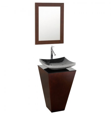 20 inch Pedestal Bathroom Vanity in Espresso, Smoke Glass Countertop, Altair Black Granite Sink, and 20 inch Mirror