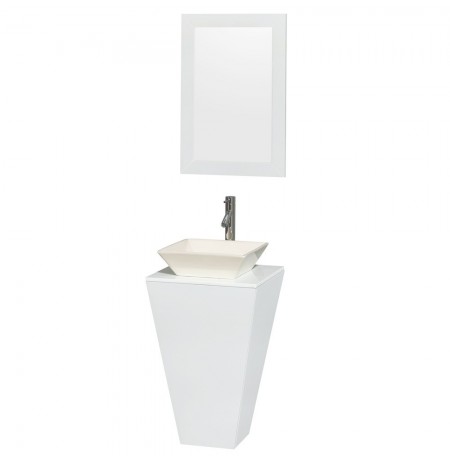 20 inch Pedestal Bathroom Vanity in Glossy White, White Man-Made Stone Countertop, Pyra Bone Porcelain Sink, and 20 inch Mirror