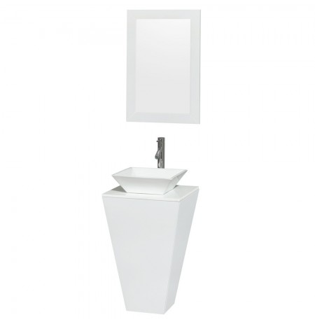 20 inch Pedestal Bathroom Vanity in Glossy White, White Man-Made Stone Countertop, Pyra White Porcelain Sink, and 20 inch Mirror