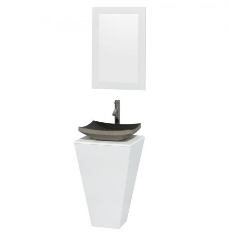 20 inch Pedestal Bathroom Vanity in Glossy White, White Man-Made Stone Countertop, Altair Black Granite Sink, and 20 inch Mirror