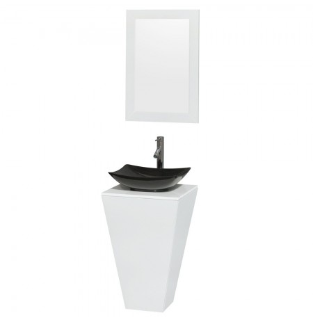 20 inch Pedestal Bathroom Vanity in Glossy White, White Man-Made Stone Countertop, Arista Black Granite Sink, and 20 inch Mirror