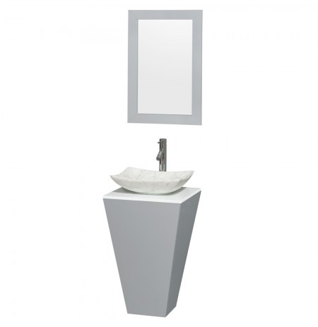 20 inch Pedestal Bathroom Vanity in Gray, White Man-Made Stone Countertop, Arista White Carrera Marble Sink, and 20 inch Mirror
