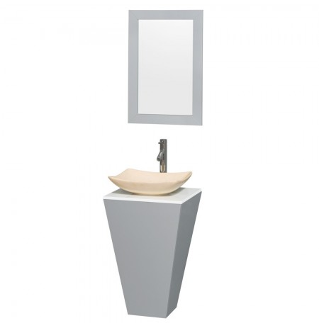 20 inch Pedestal Bathroom Vanity in Gray, White Man-Made Stone Countertop, Arista Ivory Marble Sink, and 20 inch Mirror