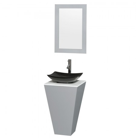 20 inch Pedestal Bathroom Vanity in Gray, White Man-Made Stone Countertop, Arista Black Granite Sink, and 20 inch Mirror