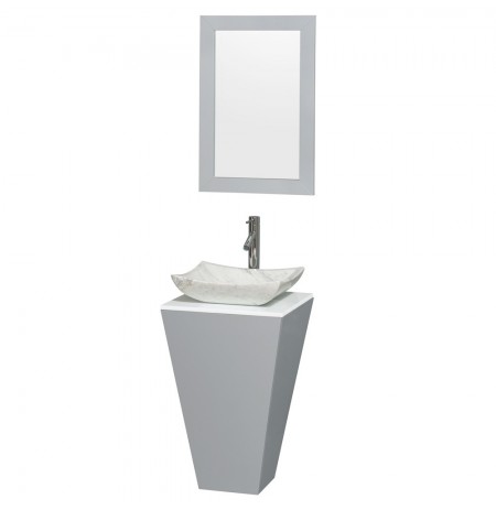 20 inch Pedestal Bathroom Vanity in Gray, White Man-Made Stone Countertop, Avalon White Carrera Marble Sink, and 20 inch Mirror