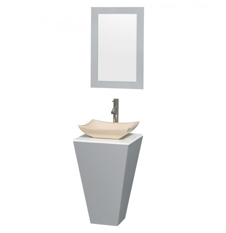 20 inch Pedestal Bathroom Vanity in Gray, White Man-Made Stone Countertop, Avalon Ivory Marble Sink, and 20 inch Mirror