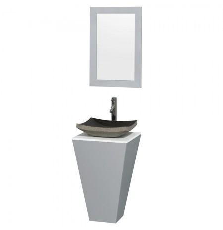 20 inch Pedestal Bathroom Vanity in Gray, White Man-Made Stone Countertop, Altair Black Granite Sink, and 20 inch Mirror