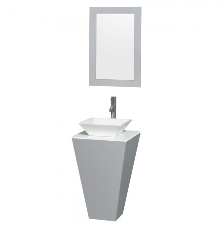 20 inch Pedestal Bathroom Vanity in Gray, White Man-Made Stone Countertop, Pyra White Porcelain Sink, and 20 inch Mirror