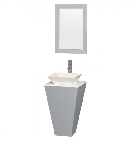 20 inch Pedestal Bathroom Vanity in Gray, White Man-Made Stone Countertop, Pyra Bone Porcelain Sink, and 20 inch Mirror