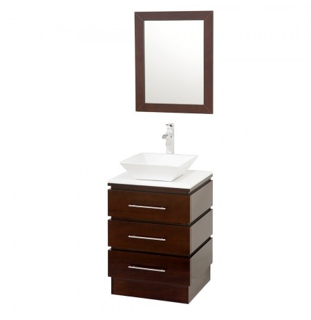 22 inch Pedestal Bathroom Vanity in Espresso, White Man-Made Stone Countertop, Pyra White Porcelain Sink, and 22 inch Mirror
