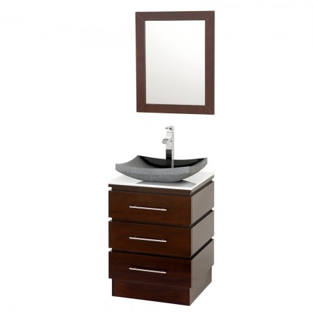 22 inch Pedestal Bathroom Vanity in Espresso, White Man-Made Stone Countertop, Altair Black Granite Sink, and 22 inch Mirror