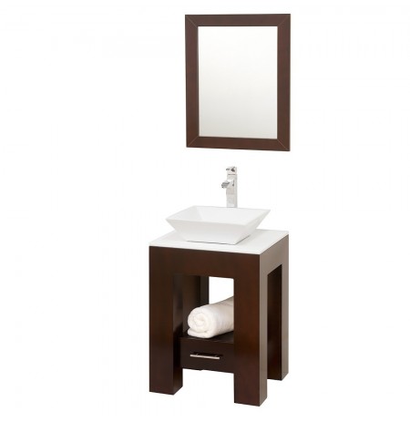 22 inch Single Bathroom Vanity in Espresso, White Man-Made Stone Countertop, Pyra White Porcelain Sink, and 22 inch Mirror
