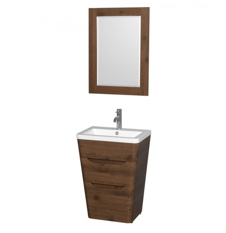 24 inch Pedestal Bathroom Vanity in Walnut, Acrylic-Resin Countertop, Integrated Sink, and 24 inch Mirror
