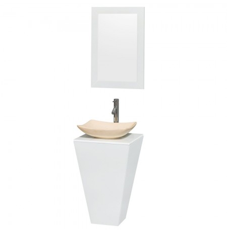 20 inch Pedestal Bathroom Vanity in Glossy White, White Man-Made Stone Countertop, Arista Ivory Marble Sink, and 20 inch Mirror