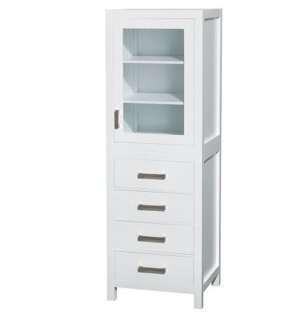 24 inch Linen Tower in White with Shelved Cabinet Storage and 4 Drawers