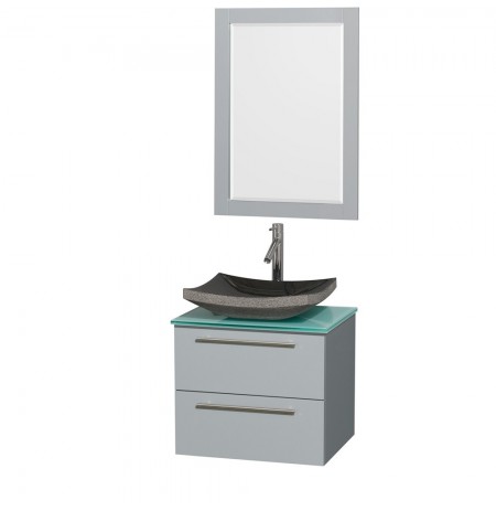 24 inch Single Bathroom Vanity in Dove Gray, Green Glass Countertop, Altair Black Granite Sink, and 24 inch Mirror