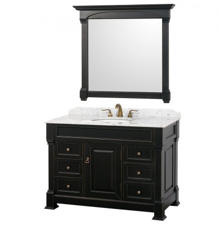 48 inch Single Bathroom Vanity in Black, White Carrera Marble Countertop, Undermount Oval Sink, and 44 inch Mirror