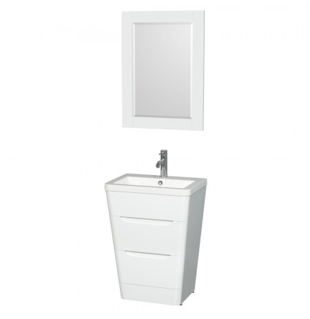24 inch Pedestal Bathroom Vanity in Glossy White, Acrylic-Resin Countertop, Integrated Sink, and 24 inch Mirror
