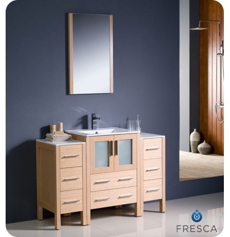 Fresca FVN62-122412LO-UNS Torino 48" Modern Bathroom Vanity with 2 Side Cabinets and Integrated Sink in Light Oak